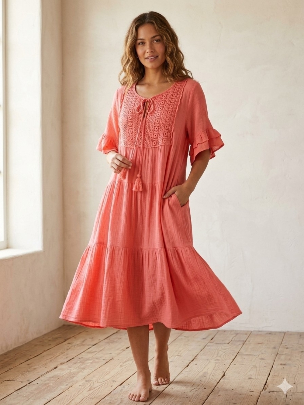 GIGIO USA Coral Pink Crochet Lace Tiered Babydoll Midi Dress Pockets L